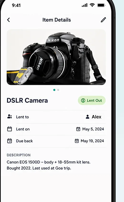 Lending tracker showing who borrowed an item