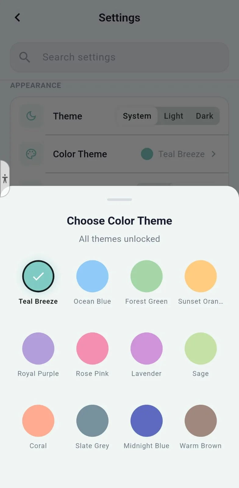 Choose color theme screen