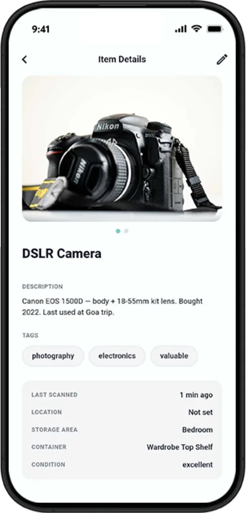 An item's details, tags and storage location on a phone